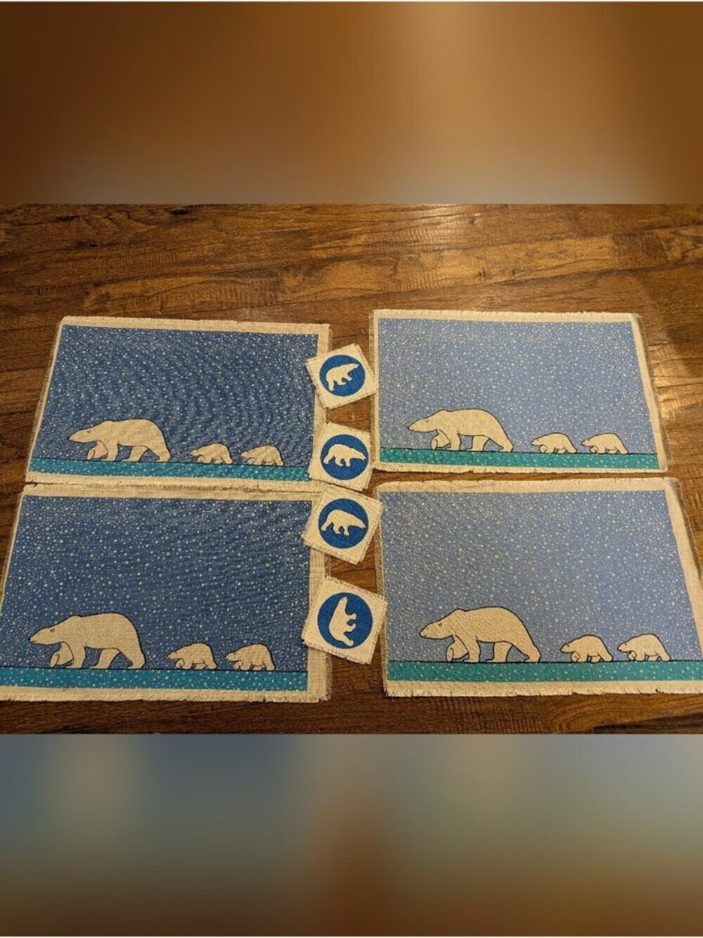 Vintage Skemo Canada Polar Bear Placemat & Coaster Set Of 4 in Blue Teal & White